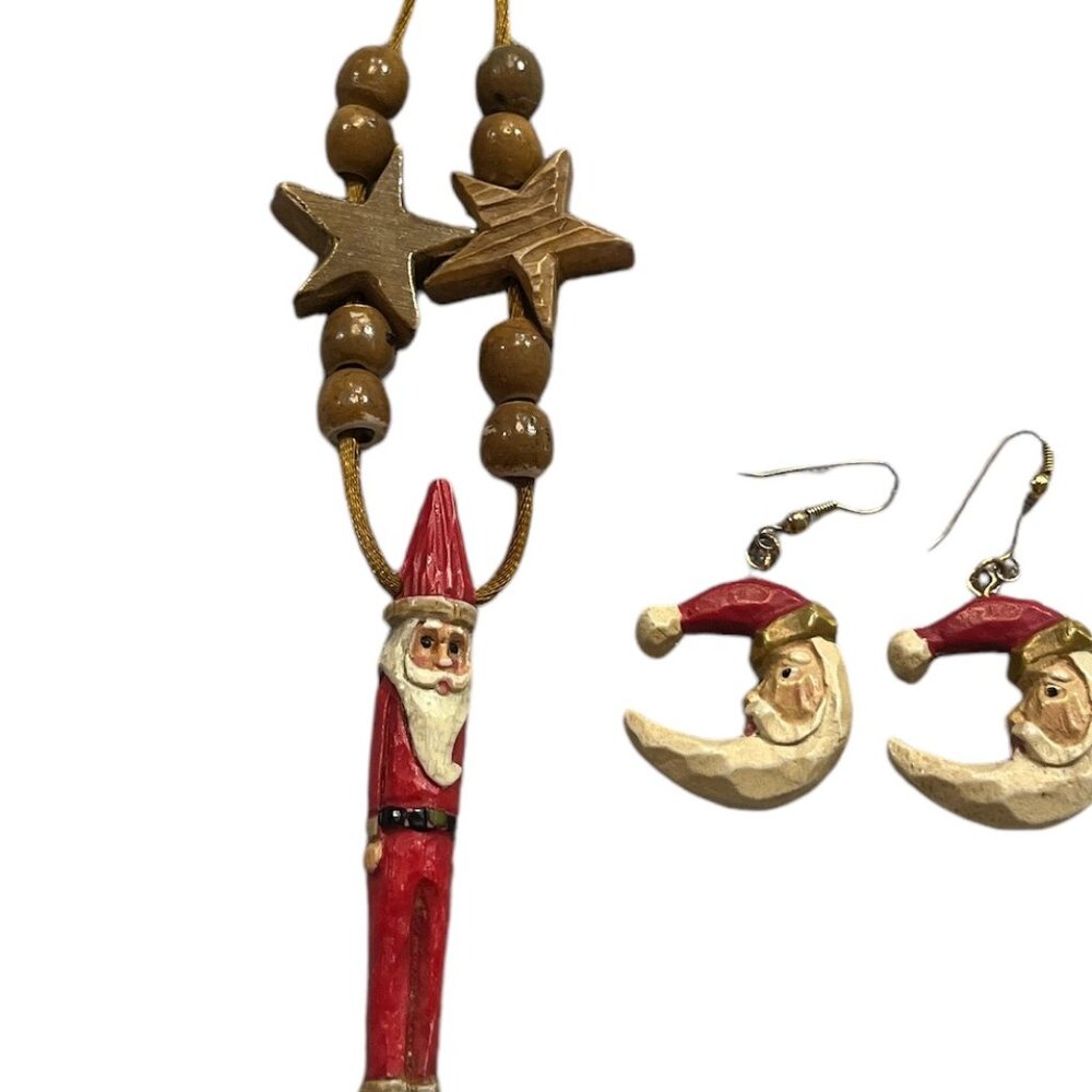 SANTA CLAUS Necklace and Earrings Folk Art Wooden-look String Father Christmas